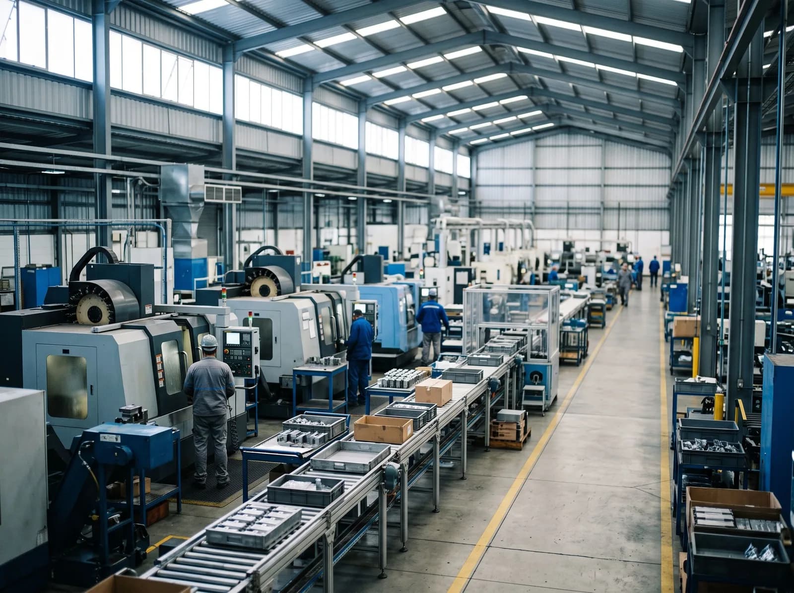 Interior de uma planta industrial moderna com máquinas CNC e linhas de produção.