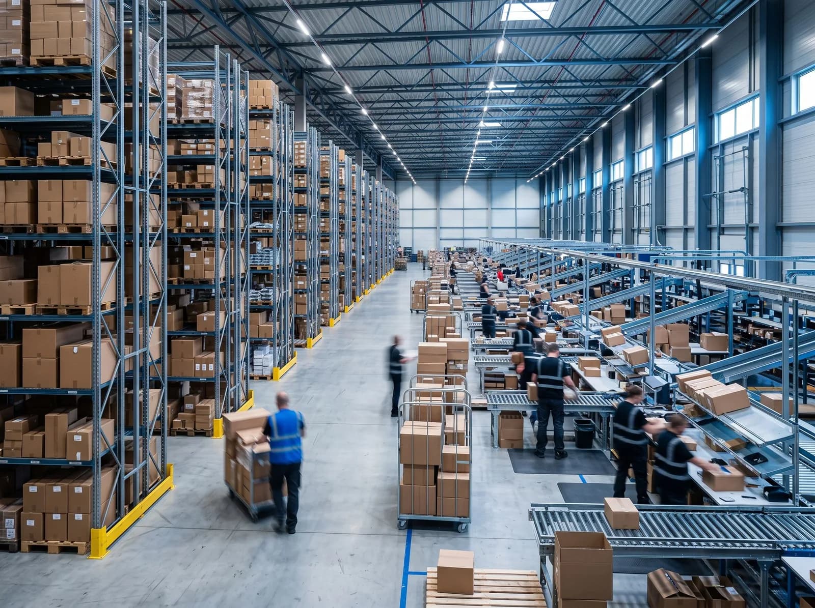 Centro de distribuição de varejo com prateleiras organizadas e área de separação.