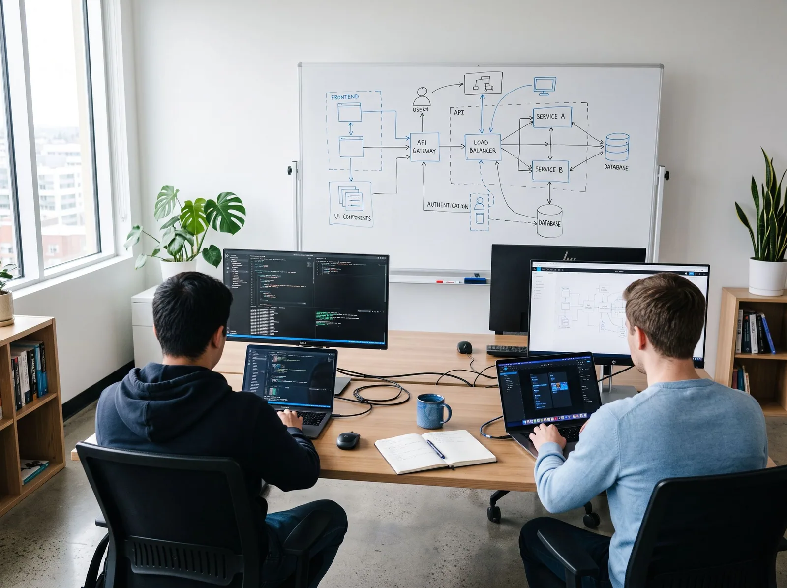 Espaço de trabalho de um time de tecnologia com quadro branco e diagrama de sistema.